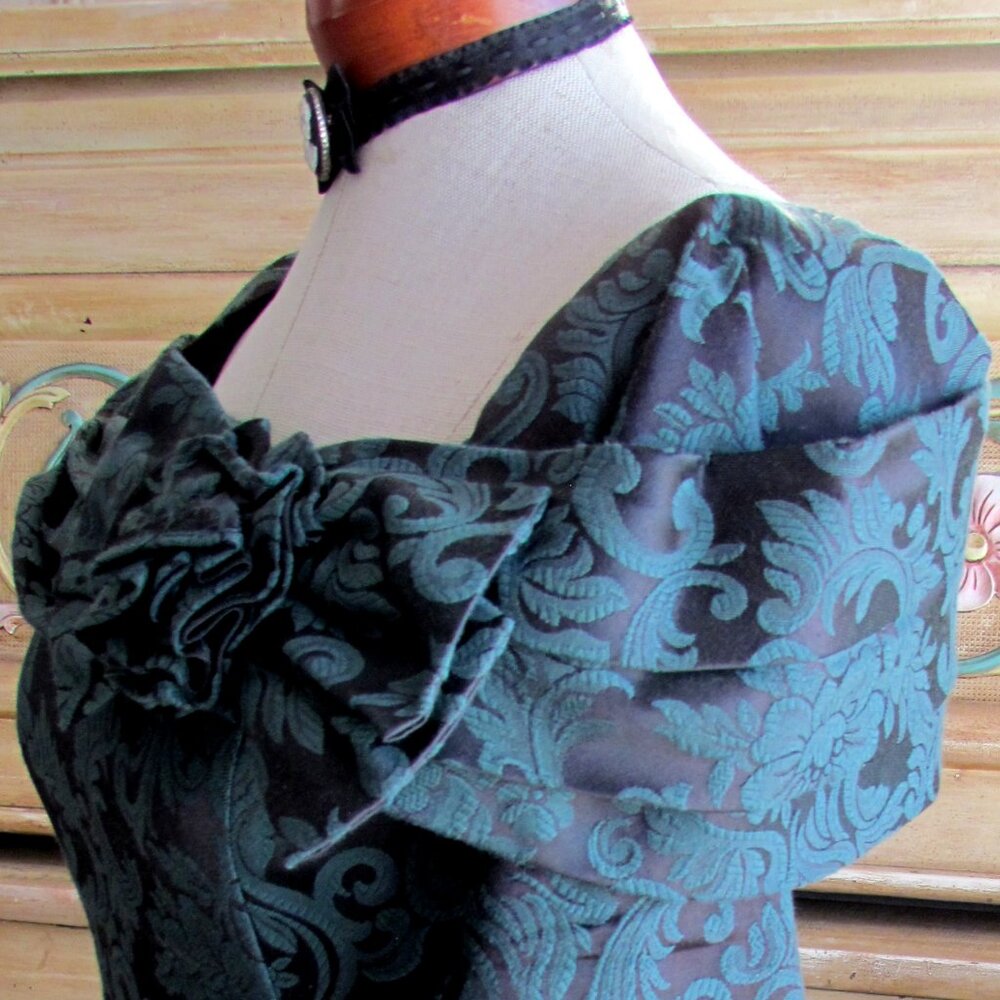 JESSICA McCLINTOCK BROCADE DRESS, 6, DARK GREEN OFF-SHOULDER ROMANTIC VINTAGE - Picture 12 of 13
